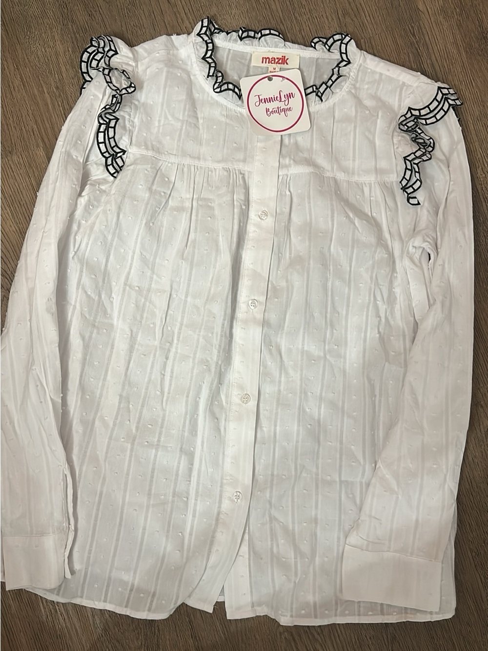 Mazik White Button-Front Blouse with Black Ruffle Trim